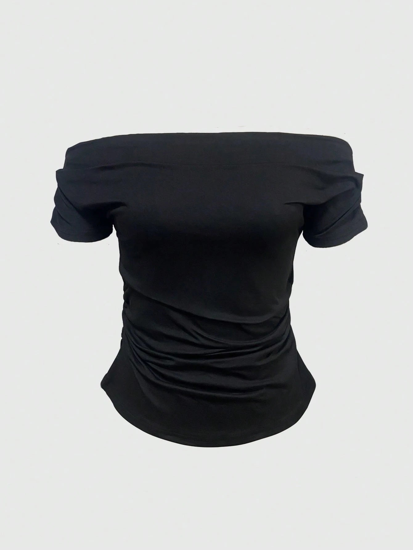 IslaSuriya Women's Casual Off-Shoulder Ruched Fitted Solid Black T-Shirt, Suitable For Daily Commute, Summer
