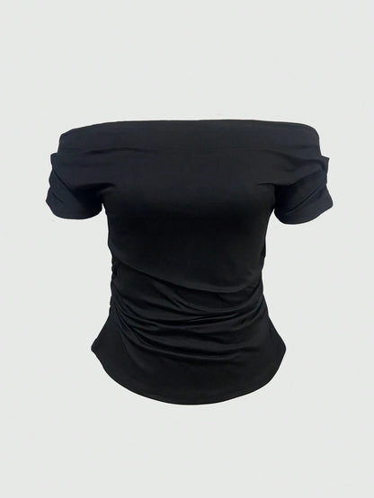 IslaSuriya Women's Casual Off-Shoulder Ruched Fitted Solid Black T-Shirt, Suitable For Daily Commute, Summer