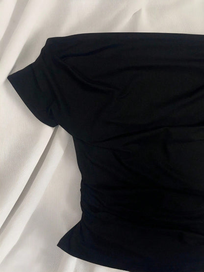 IslaSuriya Women's Casual Off-Shoulder Ruched Fitted Solid Black T-Shirt, Suitable For Daily Commute, Summer