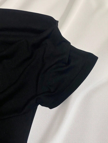IslaSuriya Women's Casual Off-Shoulder Ruched Fitted Solid Black T-Shirt, Suitable For Daily Commute, Summer