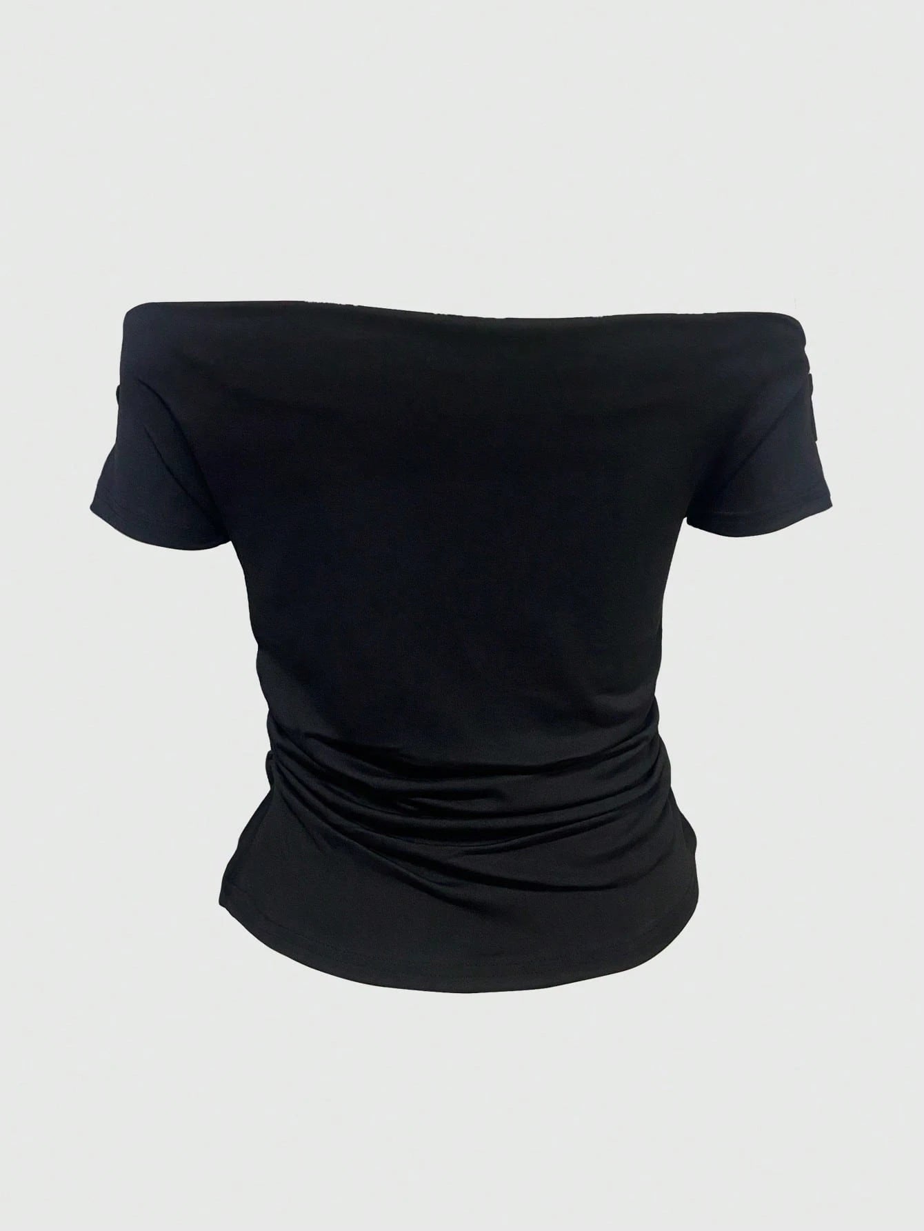 IslaSuriya Women's Casual Off-Shoulder Ruched Fitted Solid Black T-Shirt, Suitable For Daily Commute, Summer