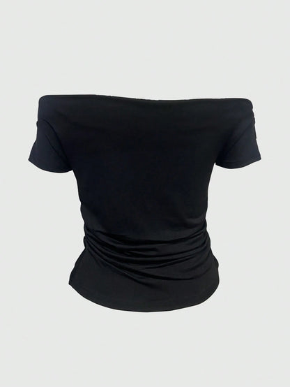 IslaSuriya Women's Casual Off-Shoulder Ruched Fitted Solid Black T-Shirt, Suitable For Daily Commute, Summer