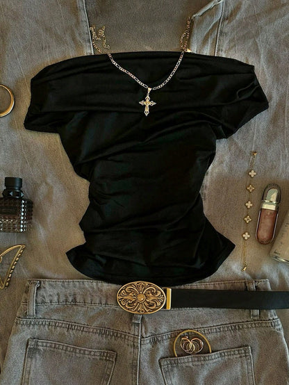 IslaSuriya Women's Casual Off-Shoulder Ruched Fitted Solid Black T-Shirt, Suitable For Daily Commute, Summer
