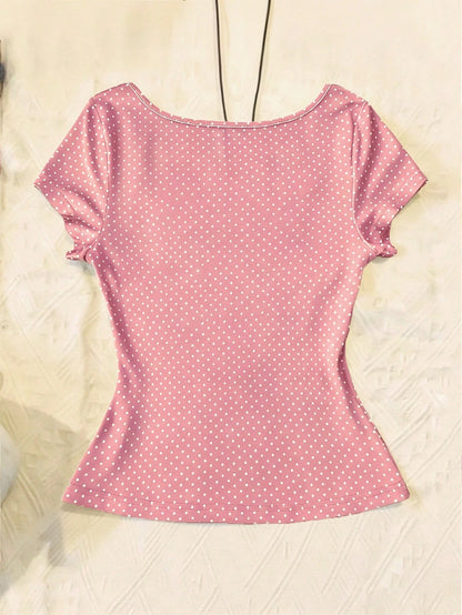 IslaSuriya Women's Casual Sweet Cute Polka Dot Print Tie Front Fitted T-Shirt, Summer