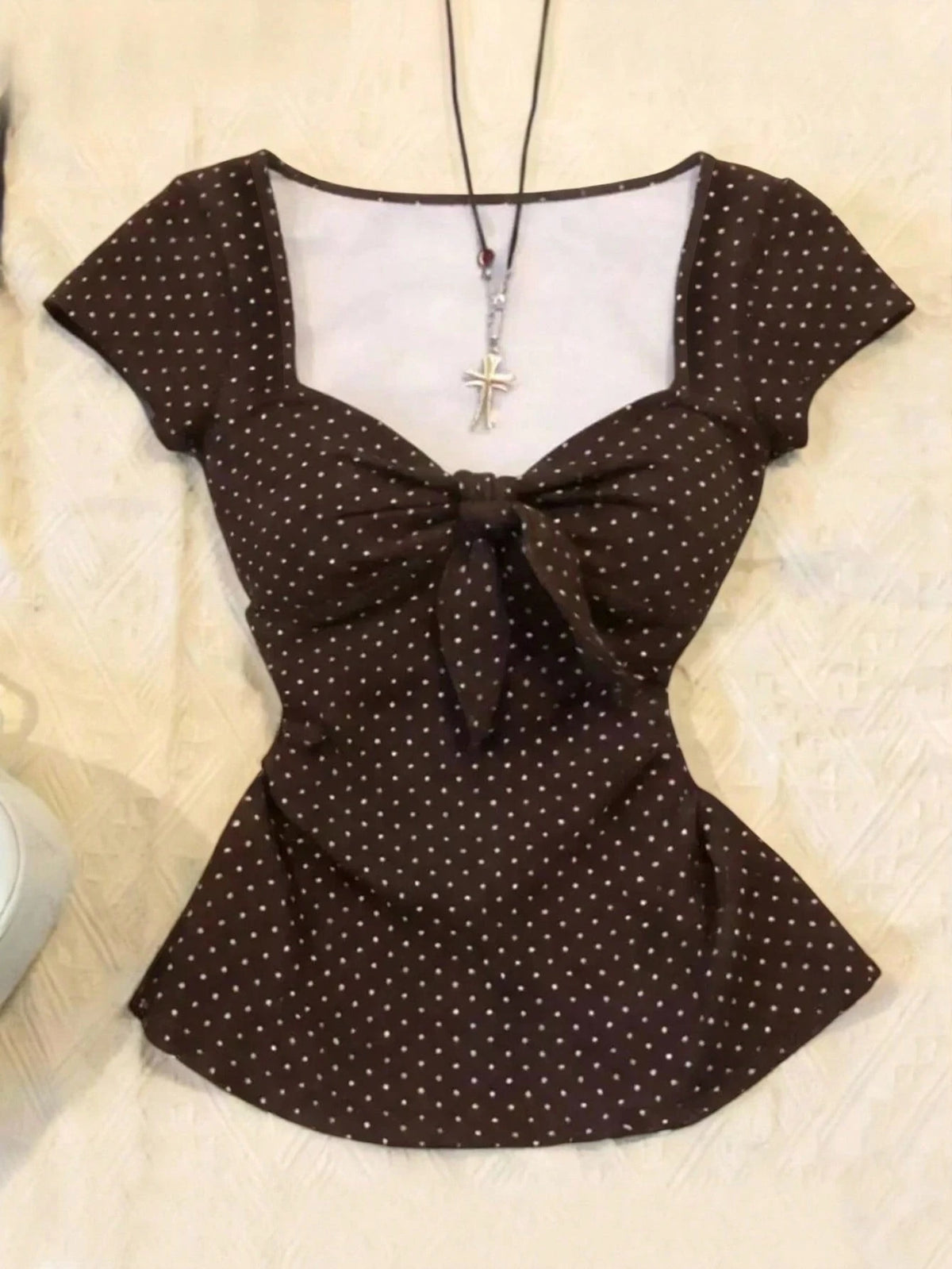 IslaSuriya Women's Casual Sweet Cute Polka Dot Print Tie Front Fitted T-Shirt, Summer
