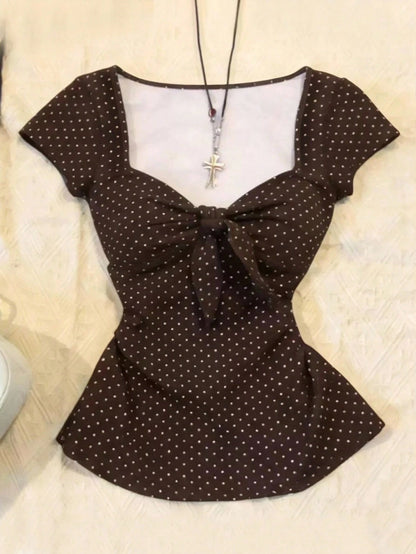 IslaSuriya Women's Casual Sweet Cute Polka Dot Print Tie Front Fitted T-Shirt, Summer