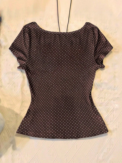IslaSuriya Women's Casual Sweet Cute Polka Dot Print Tie Front Fitted T-Shirt, Summer