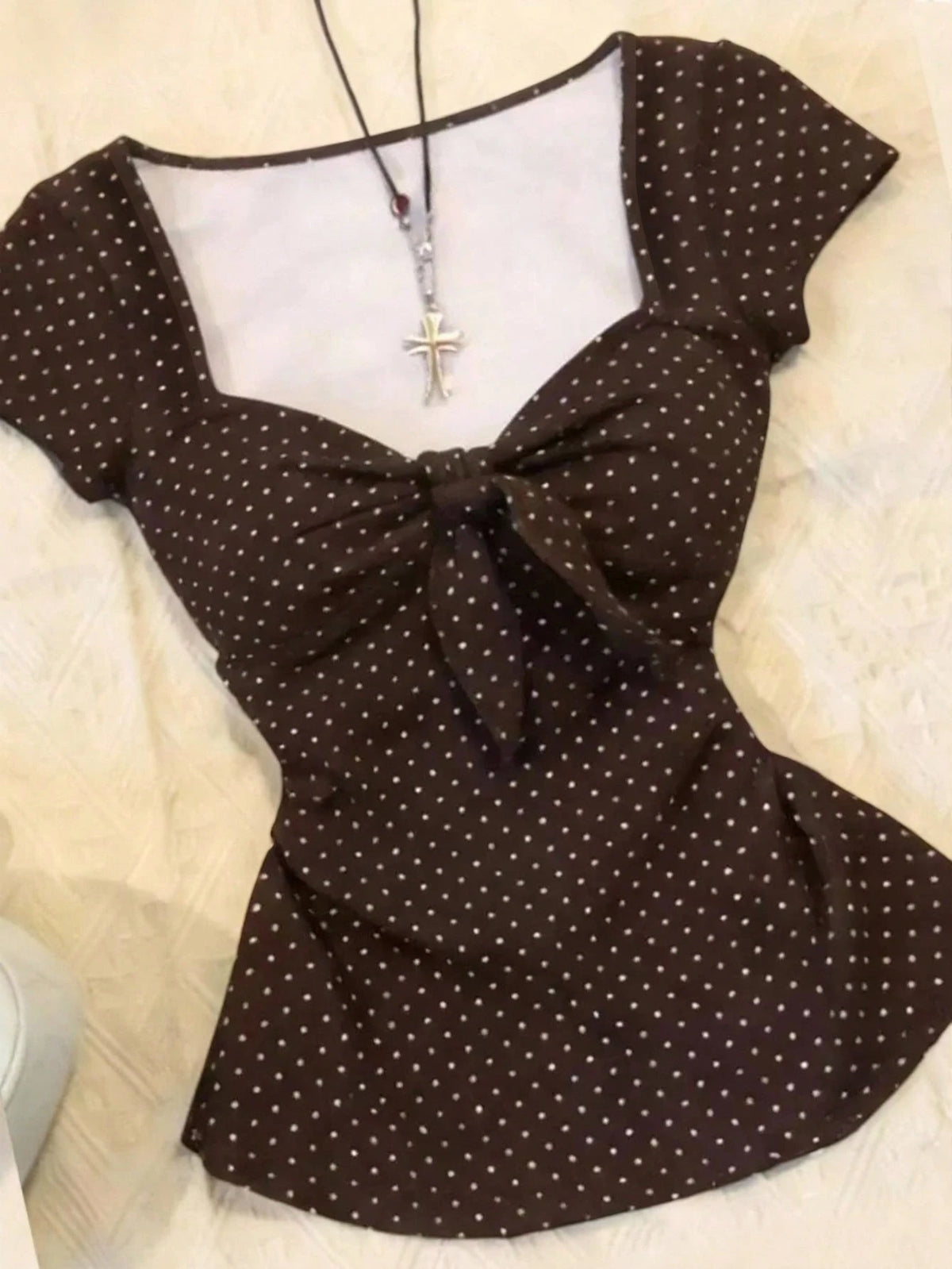 IslaSuriya Women's Casual Sweet Cute Polka Dot Print Tie Front Fitted T-Shirt, Summer