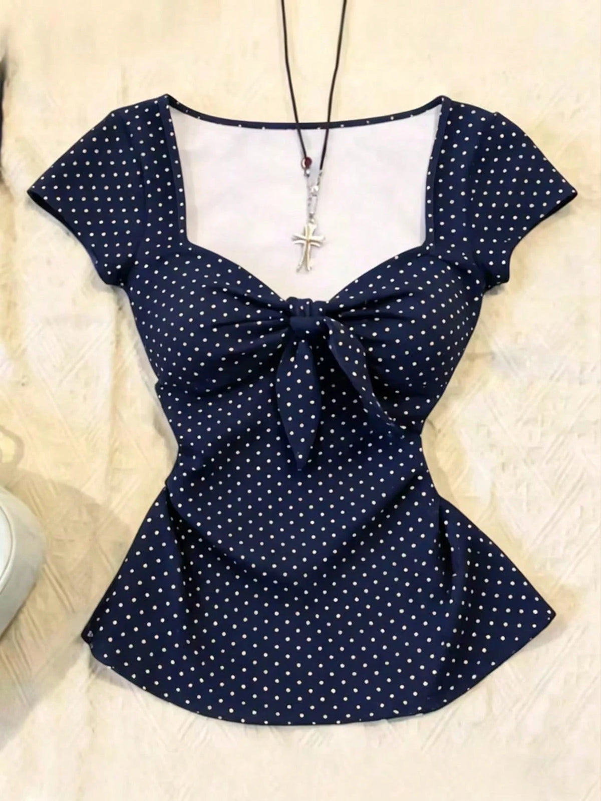 IslaSuriya Women's Casual Sweet Cute Polka Dot Print Tie Front Fitted T-Shirt, Summer