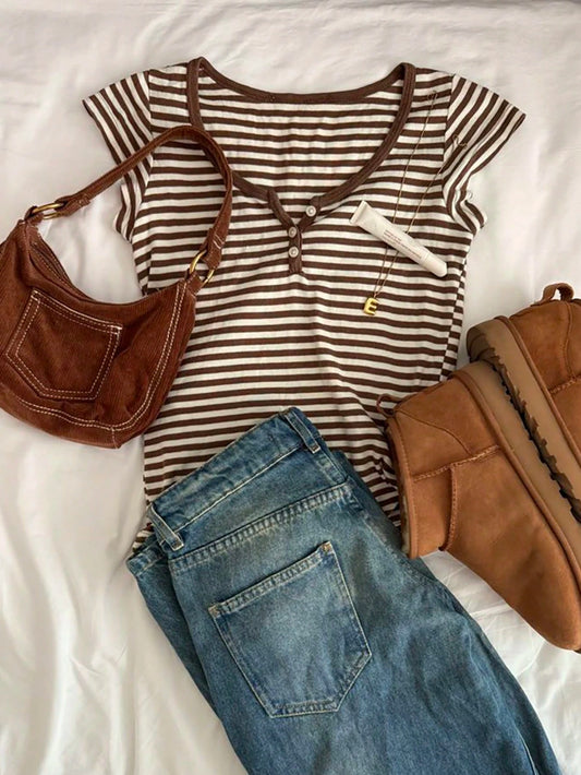 IslaSuriya Women's Striped Button Design Short Sleeve Casual T-Shirt