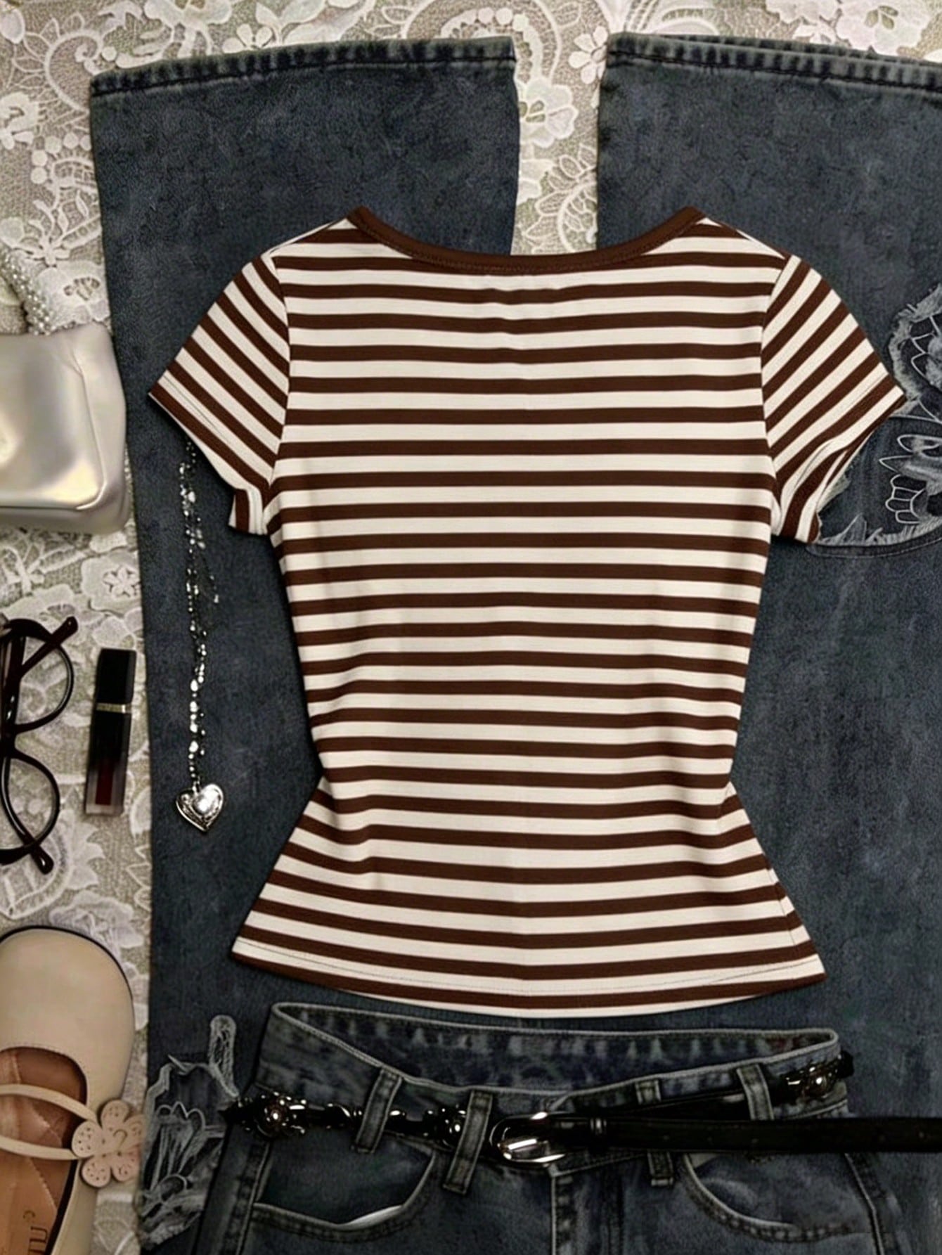 IslaSuriya Women's Striped Button Design Short Sleeve Casual T-Shirt