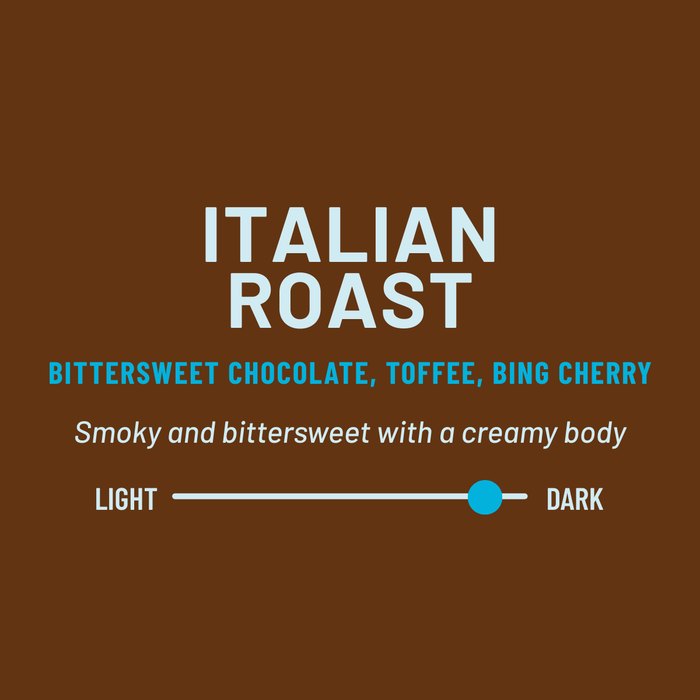 Dancing Goats Italian Roast coffee bag with bold ITALIAN ROAST on a brown panel and blue tasting notes banner
