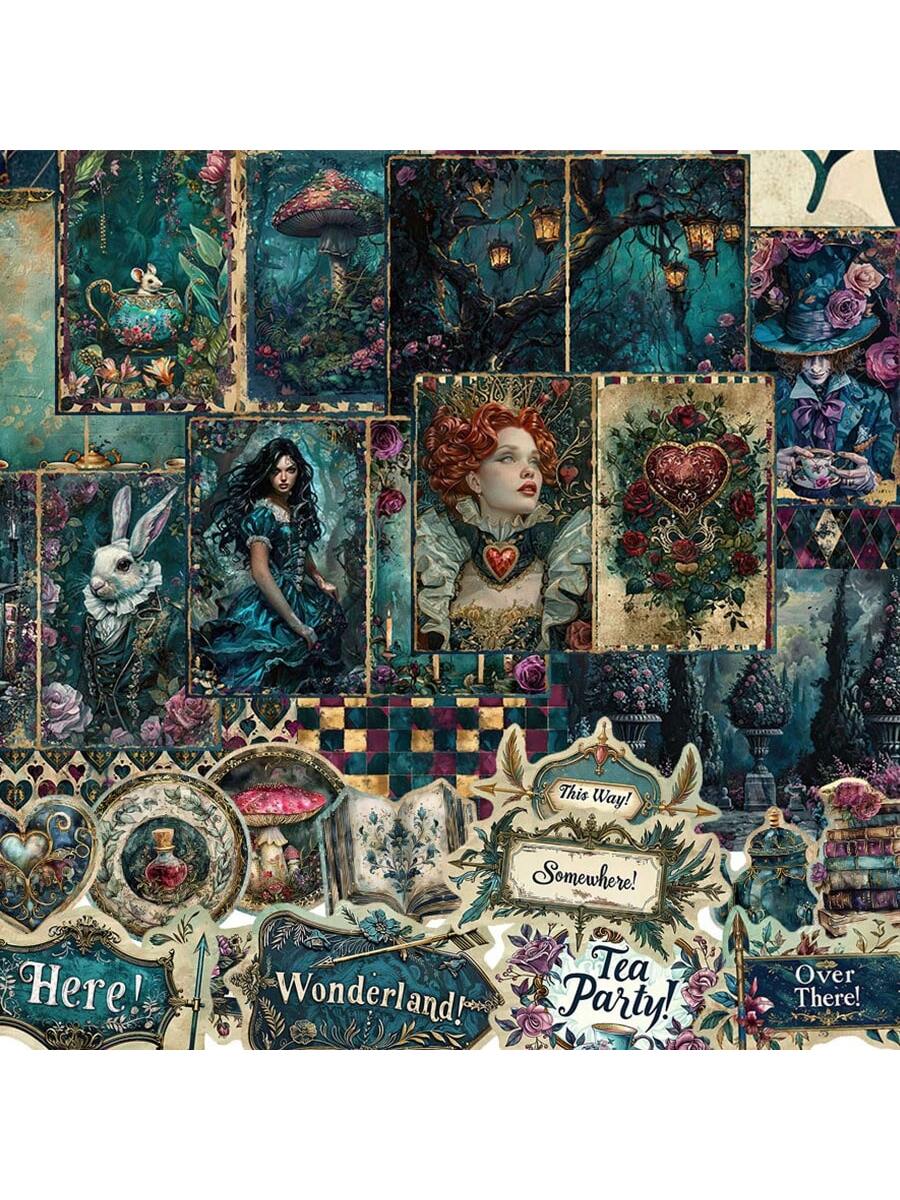JAI IMAN 82pcs Paper And Sticker Set Halloween Theme Dark Alice With Red Hart,Wonerland, Bunny Pattern,For Adventure Book, Bottle, Album Decor,Greeting Card,Scrapbooking, Paper Craft,Junk Journal,Back