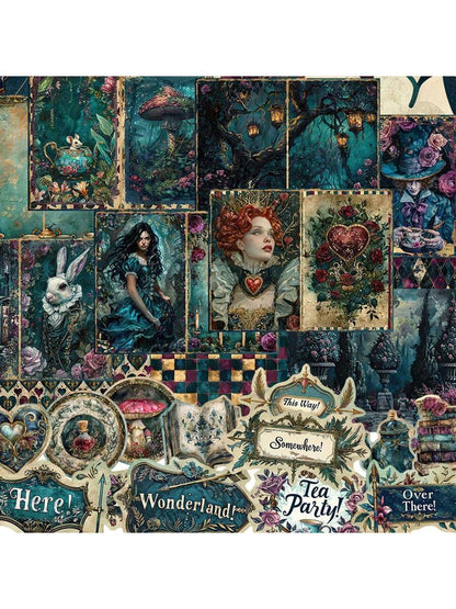 JAI IMAN 82pcs Paper And Sticker Set Halloween Theme Dark Alice With Red Hart,Wonerland, Bunny Pattern,For Adventure Book, Bottle, Album Decor,Greeting Card,Scrapbooking, Paper Craft,Junk Journal,Back