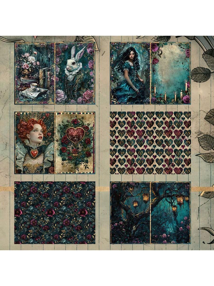 JAI IMAN 82pcs Paper And Sticker Set Halloween Theme Dark Alice With Red Hart,Wonerland, Bunny Pattern,For Adventure Book, Bottle, Album Decor,Greeting Card,Scrapbooking, Paper Craft,Junk Journal,Back