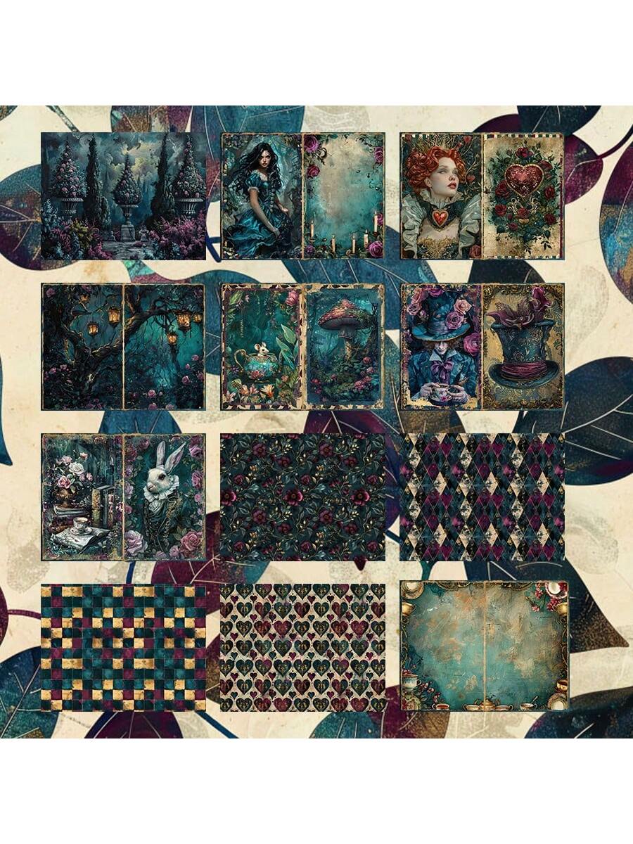 JAI IMAN 82pcs Paper And Sticker Set Halloween Theme Dark Alice With Red Hart,Wonerland, Bunny Pattern,For Adventure Book, Bottle, Album Decor,Greeting Card,Scrapbooking, Paper Craft,Junk Journal,Back