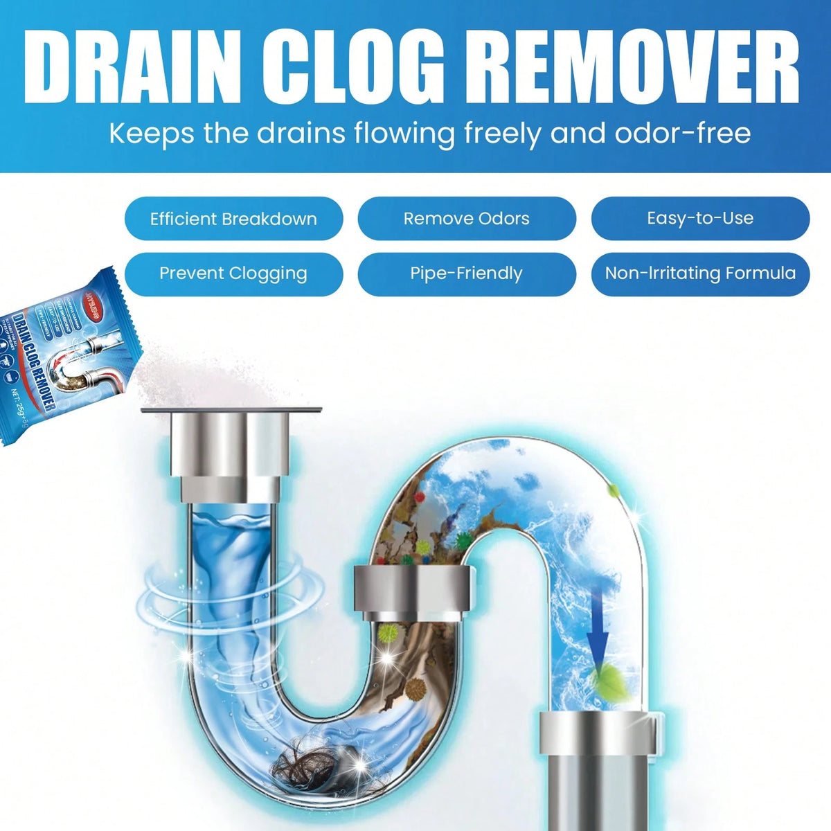 JAYSUING Powerful Pipe Cleaning Powder For Quickly Clears Pipe Blockages Removes Stubborn Dirt And Oil Stains Gentle Formula, Safety And Reliable Suitable For Kitchen Sink And Toilet Pipe Odor Elimina