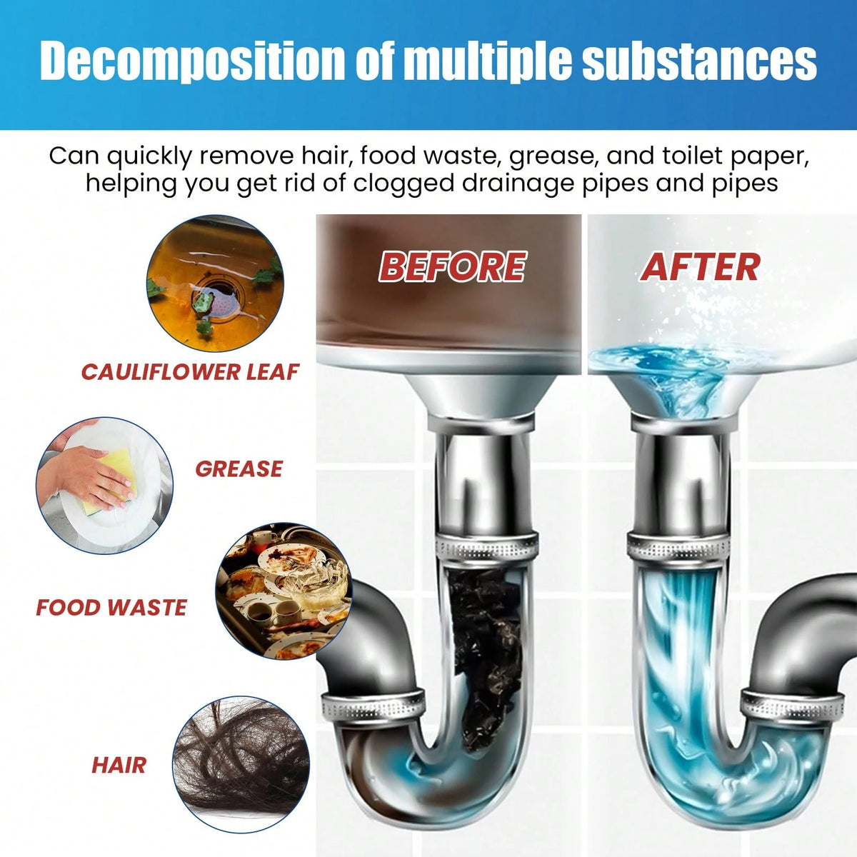 JAYSUING Powerful Pipe Cleaning Powder For Quickly Clears Pipe Blockages Removes Stubborn Dirt And Oil Stains Gentle Formula, Safety And Reliable Suitable For Kitchen Sink And Toilet Pipe Odor Elimina