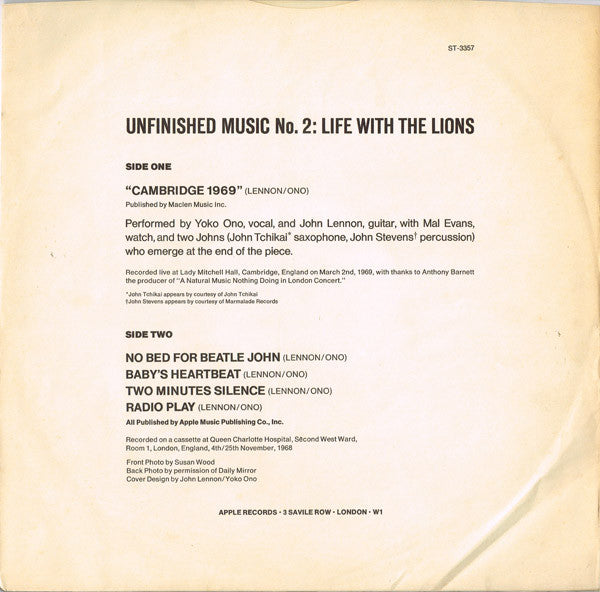 John Lennon & Yoko Ono - Unfinished Music No. 2: Life With The Lions (LP) [US] 1st (Very Good (VG))