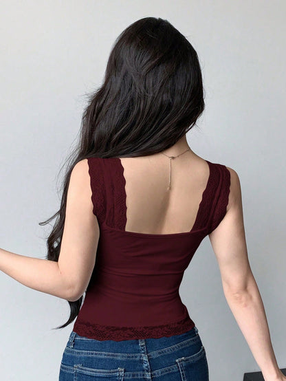 Joudiya Lace Trim Lace-Up Fitted Sleeveless Tank Top For Women Valentine's Day Going Out Tops Crop Top