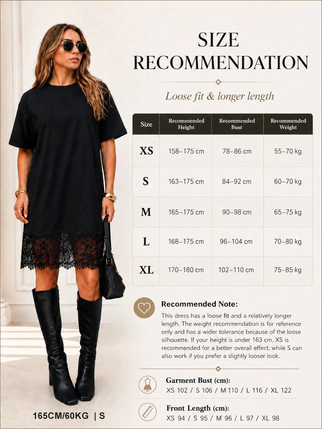 JTI Women's Elegant Loose Lace Patchwork Mid-Length Dress, Round Neck Short Sleeve Long T-Shirt, Casual Everyday & Homewear