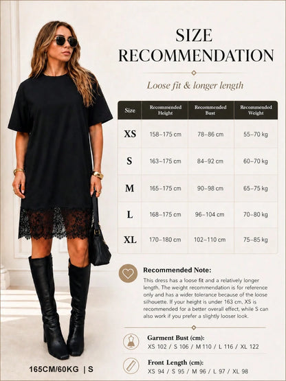 JTI Women's Elegant Loose Lace Patchwork Mid-Length Dress, Round Neck Short Sleeve Long T-Shirt, Casual Everyday & Homewear
