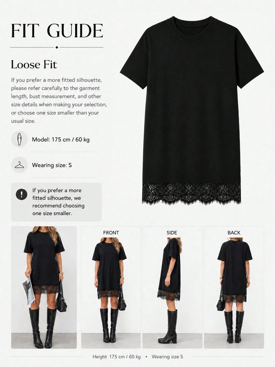 JTI Women's Elegant Loose Lace Patchwork Mid-Length Dress, Round Neck Short Sleeve Long T-Shirt, Casual Everyday & Homewear