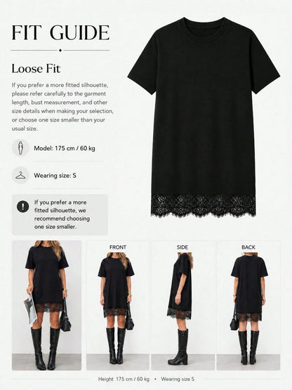 JTI Women's Elegant Loose Lace Patchwork Mid-Length Dress, Round Neck Short Sleeve Long T-Shirt, Casual Everyday & Homewear