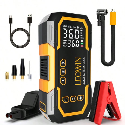 Jump Starter With Air Compressor,Portable Car Battery Jump Starter(9.0 Gas/6.5L D) With 150PSI Auto-Shutoff Tire Inflator, 12V Jump Box For Car Battery With Smart Jumper Cables,USB Input/Output, Digit