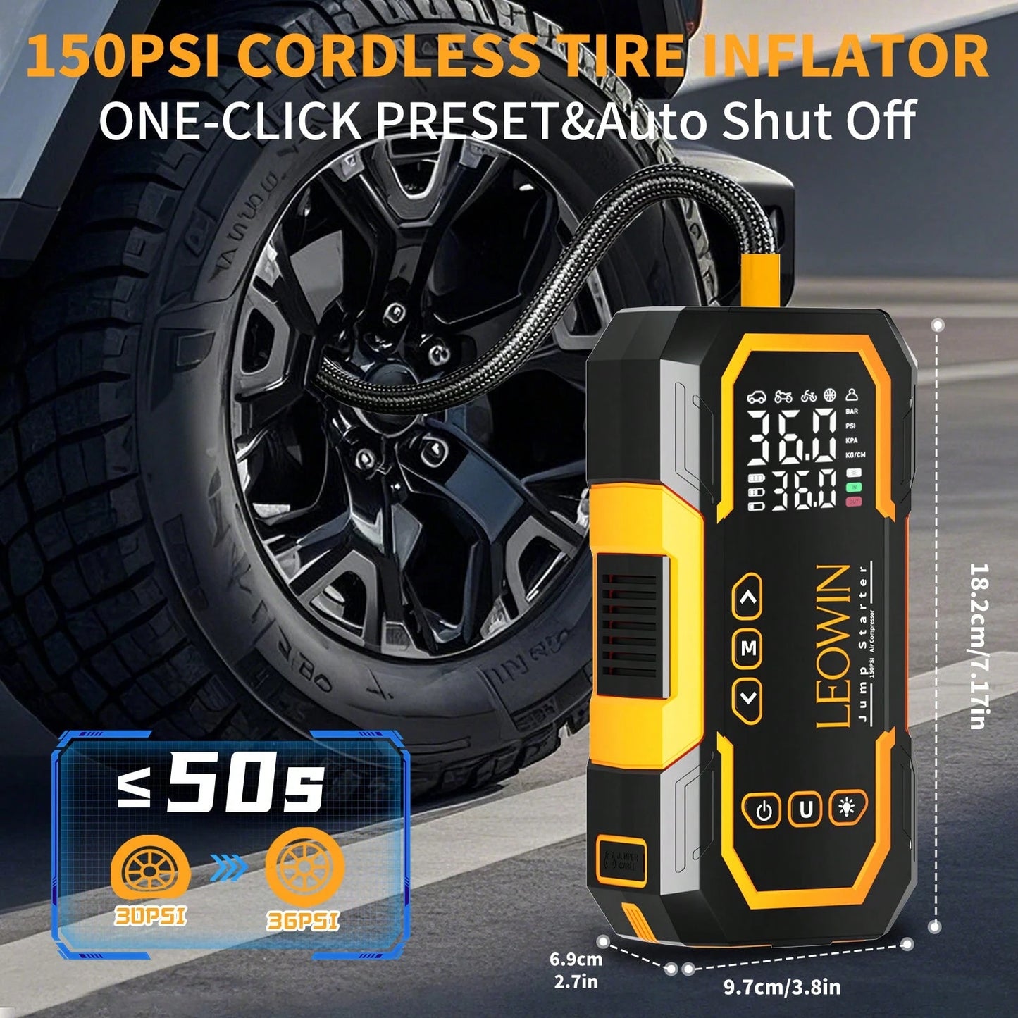 Jump Starter With Air Compressor,Portable Car Battery Jump Starter(9.0 Gas/6.5L D) With 150PSI Auto-Shutoff Tire Inflator, 12V Jump Box For Car Battery With Smart Jumper Cables,USB Input/Output, Digit