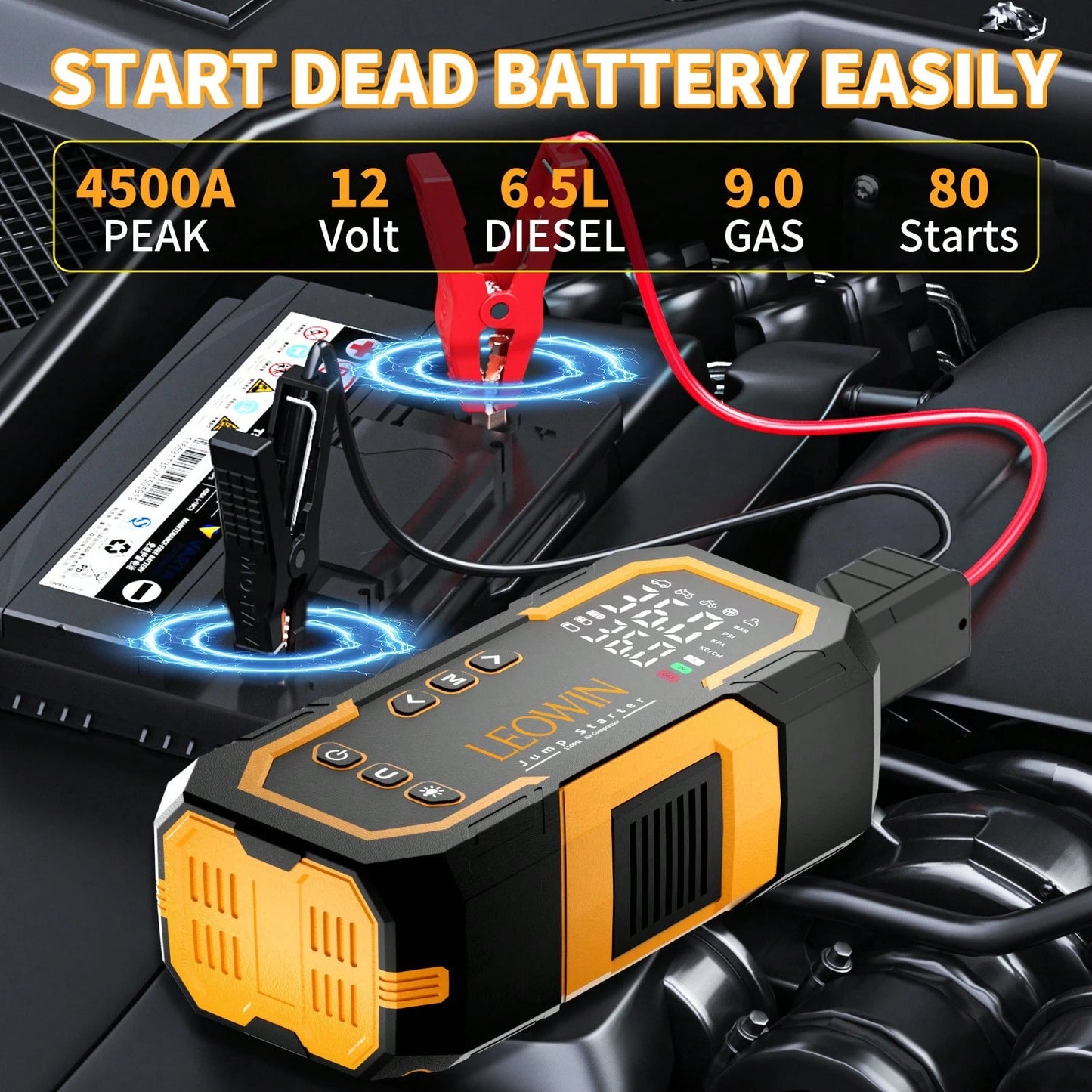 Jump Starter With Air Compressor,Portable Car Battery Jump Starter(9.0 Gas/6.5L D) With 150PSI Auto-Shutoff Tire Inflator, 12V Jump Box For Car Battery With Smart Jumper Cables,USB Input/Output, Digit