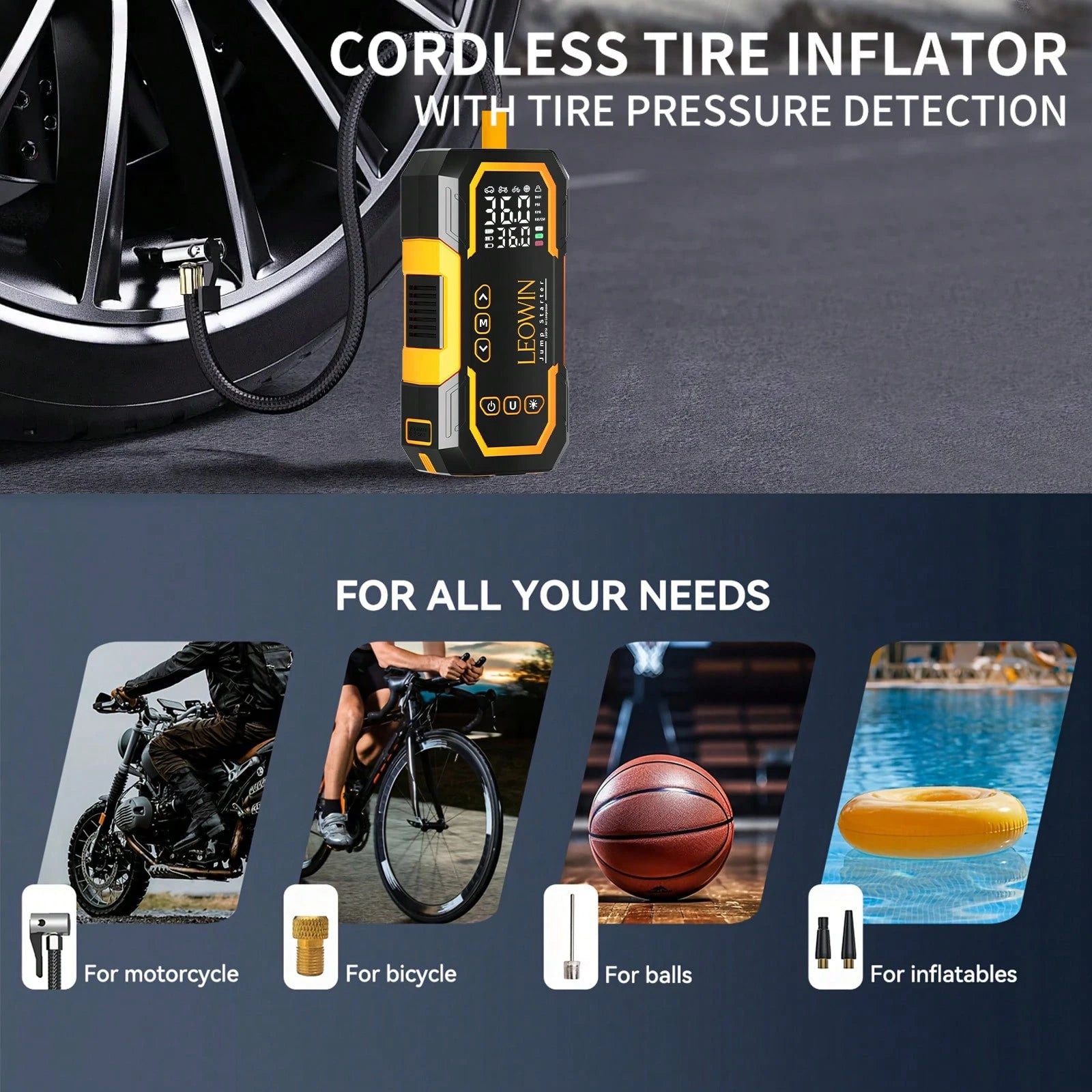 Jump Starter With Air Compressor,Portable Car Battery Jump Starter(9.0 Gas/6.5L D) With 150PSI Auto-Shutoff Tire Inflator, 12V Jump Box For Car Battery With Smart Jumper Cables,USB Input/Output, Digit