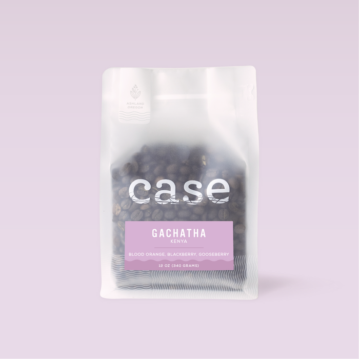 Case Coffee Roasters Kenya Gachatha peaberry bag with Gachatha Kenya label and notes blood orange blackberry gooseberry