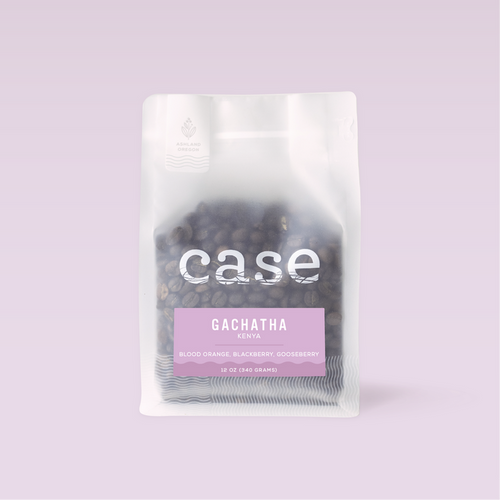 Case Coffee Roasters Kenya Gachatha peaberry bag with Gachatha Kenya label and notes blood orange blackberry gooseberry