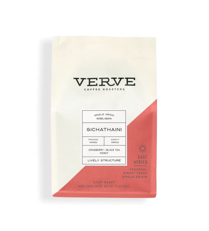 Kenya Gichathaini Misto Verve coffee bag with cream label and peach blue diagonal panel, showing single origin Nyeri Kenya