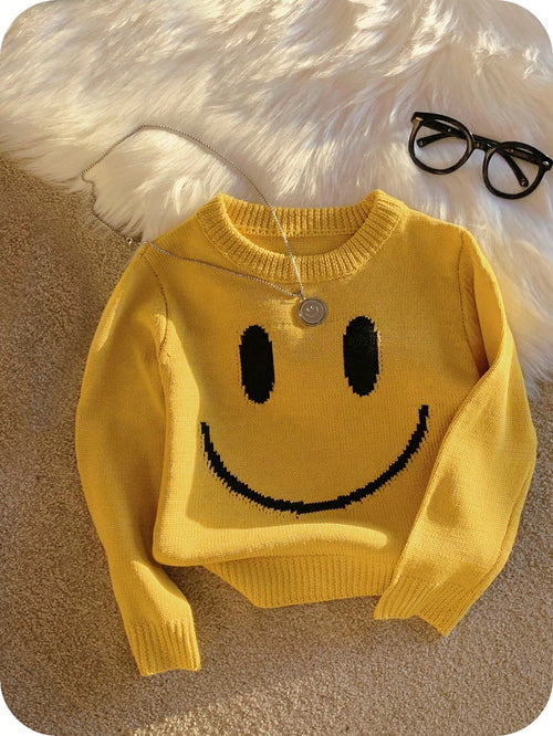 Kids 1pc Soft Comfortable Cute Face Knitted Crew Neck Pullover Autumn Sweatshirt,Long Sleeve,Back-To-School,Winter,School,Daily Wear,Holidays,New Year