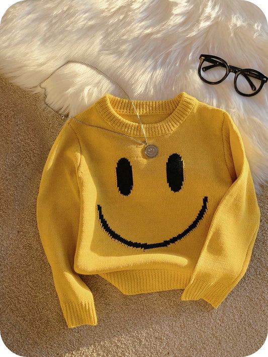 Kids 1pc Soft Comfortable Cute Face Knitted Crew Neck Pullover Autumn Sweatshirt,Long Sleeve,Back-To-School,Winter,School,Daily Wear,Holidays,New Year
