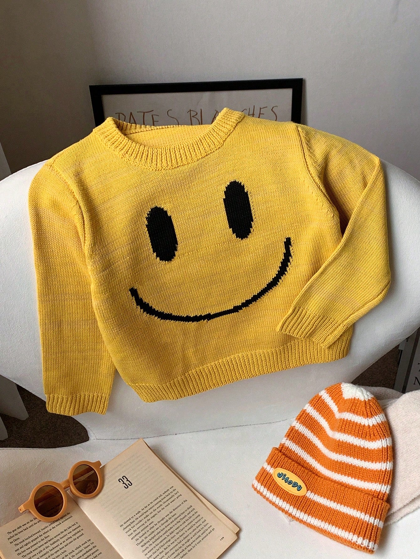 Kids 1pc Soft Comfortable Cute Face Knitted Crew Neck Pullover Autumn Sweatshirt,Long Sleeve,Back-To-School,Winter,School,Daily Wear,Holidays,New Year