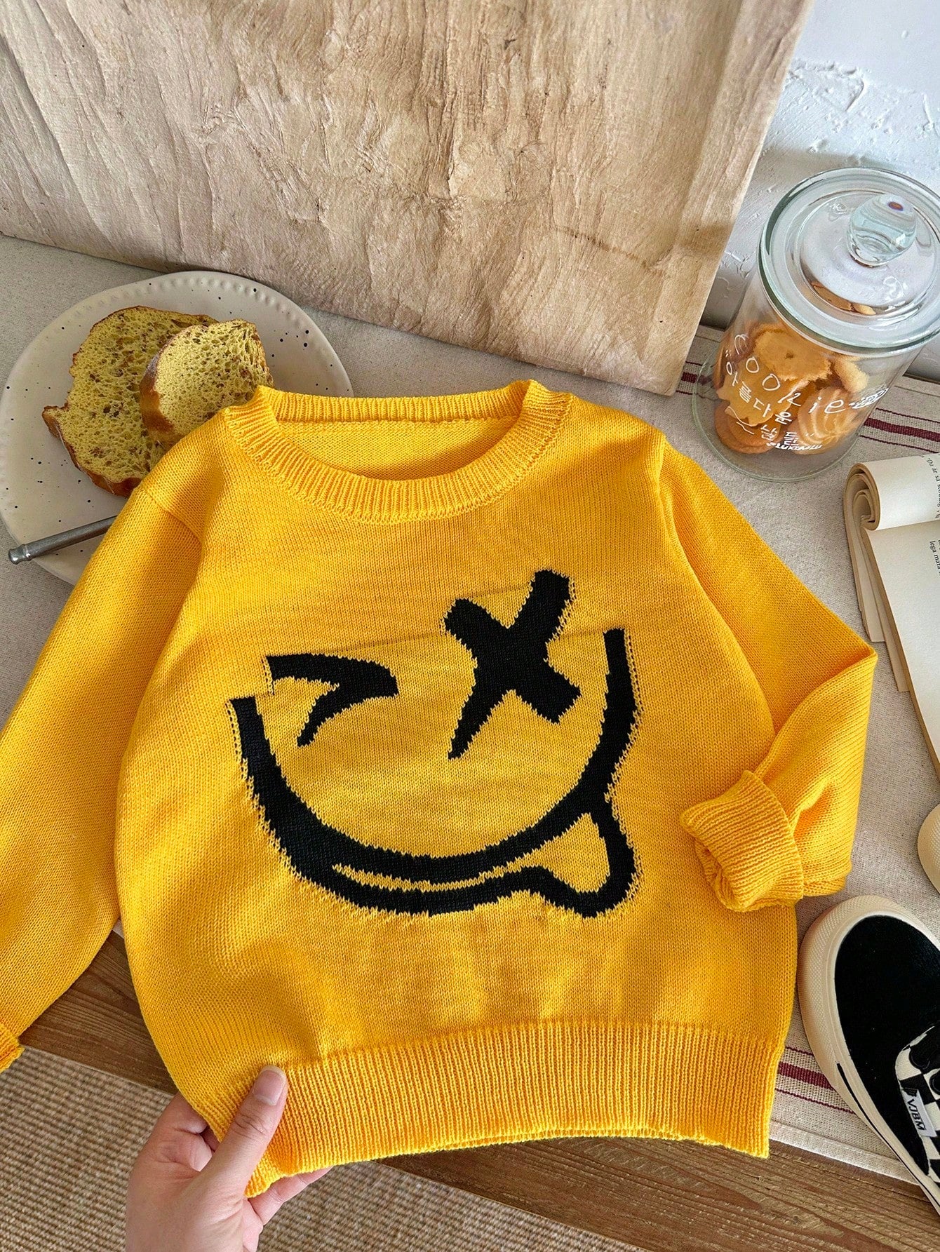 Kids 1pc Soft Comfortable Cute Face Knitted Crew Neck Pullover Autumn Sweatshirt,Long Sleeve,Back-To-School,Winter,School,Daily Wear,Holidays,New Year