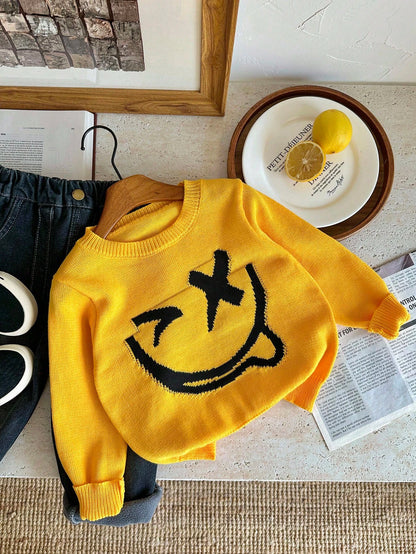 Kids 1pc Soft Comfortable Cute Face Knitted Crew Neck Pullover Autumn Sweatshirt,Long Sleeve,Back-To-School,Winter,School,Daily Wear,Holidays,New Year