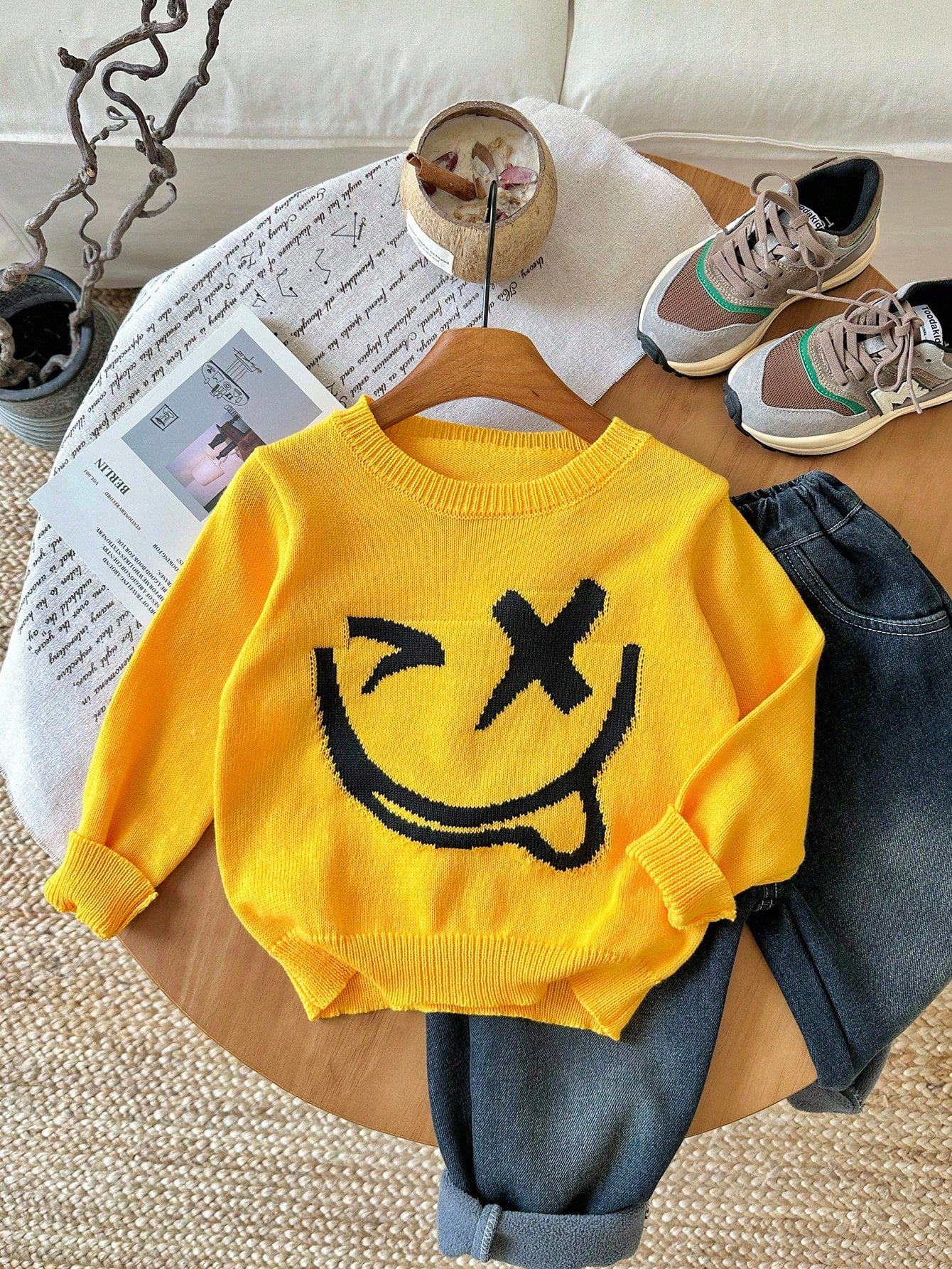 Kids 1pc Soft Comfortable Cute Face Knitted Crew Neck Pullover Autumn Sweatshirt,Long Sleeve,Back-To-School,Winter,School,Daily Wear,Holidays,New Year