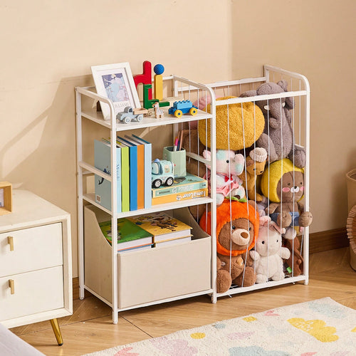 Kids Bookshelf And Stuffed Animal Storage, Toy Storage Organizer, 2-Tier Book Shelf With Fabric Toy Chest, Toy Storage For Kids Room, Living Room, Entryway, Nursury, Preschool, White