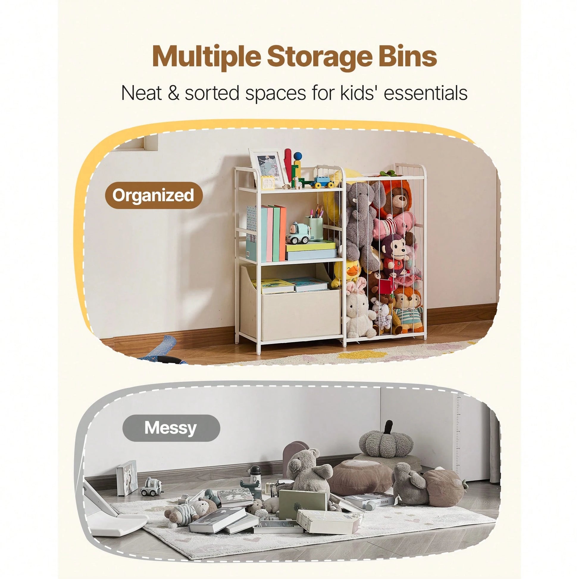 Kids Bookshelf And Stuffed Animal Storage, Toy Storage Organizer, 2-Tier Book Shelf With Fabric Toy Chest, Toy Storage For Kids Room, Living Room, Entryway, Nursury, Preschool, White