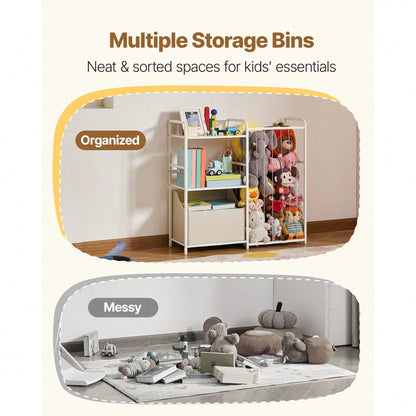 Kids Bookshelf And Stuffed Animal Storage, Toy Storage Organizer, 2-Tier Book Shelf With Fabric Toy Chest, Toy Storage For Kids Room, Living Room, Entryway, Nursury, Preschool, White