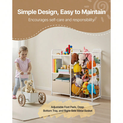 Kids Bookshelf And Stuffed Animal Storage, Toy Storage Organizer, 2-Tier Book Shelf With Fabric Toy Chest, Toy Storage For Kids Room, Living Room, Entryway, Nursury, Preschool, White