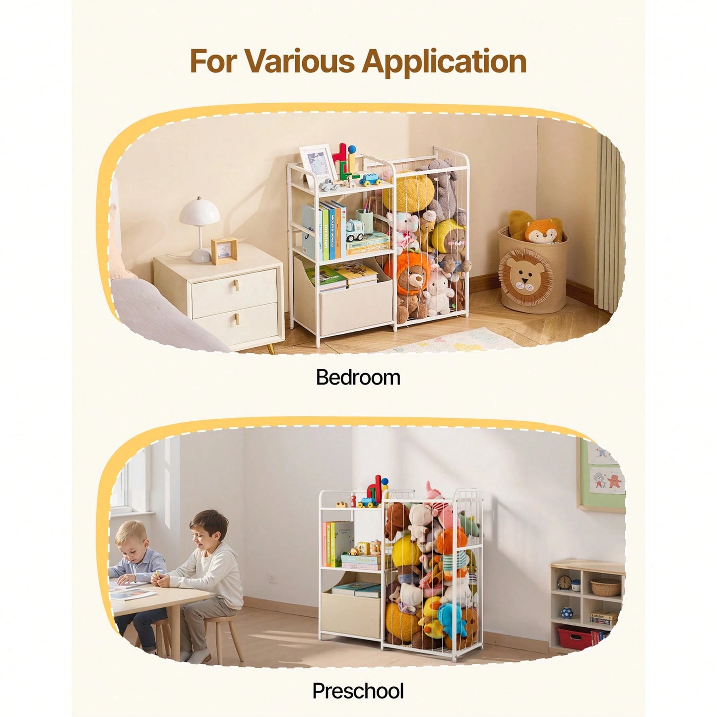 Kids Bookshelf And Stuffed Animal Storage, Toy Storage Organizer, 2-Tier Book Shelf With Fabric Toy Chest, Toy Storage For Kids Room, Living Room, Entryway, Nursury, Preschool, White