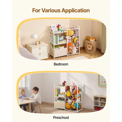 Kids Bookshelf And Stuffed Animal Storage, Toy Storage Organizer, 2-Tier Book Shelf With Fabric Toy Chest, Toy Storage For Kids Room, Living Room, Entryway, Nursury, Preschool, White