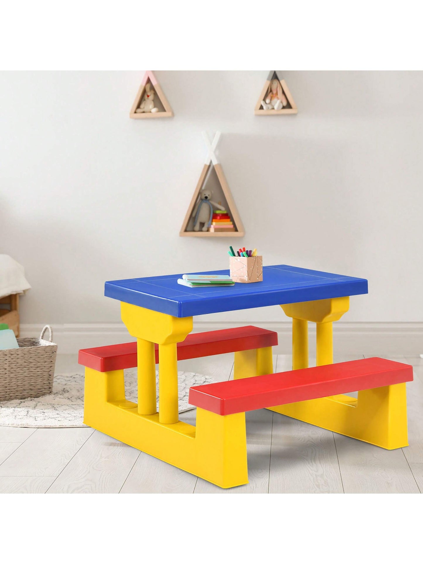 Kids Picnic Table Set With Removable Umbrella Indoor Outdoor Garden Patio Multicolor/Green