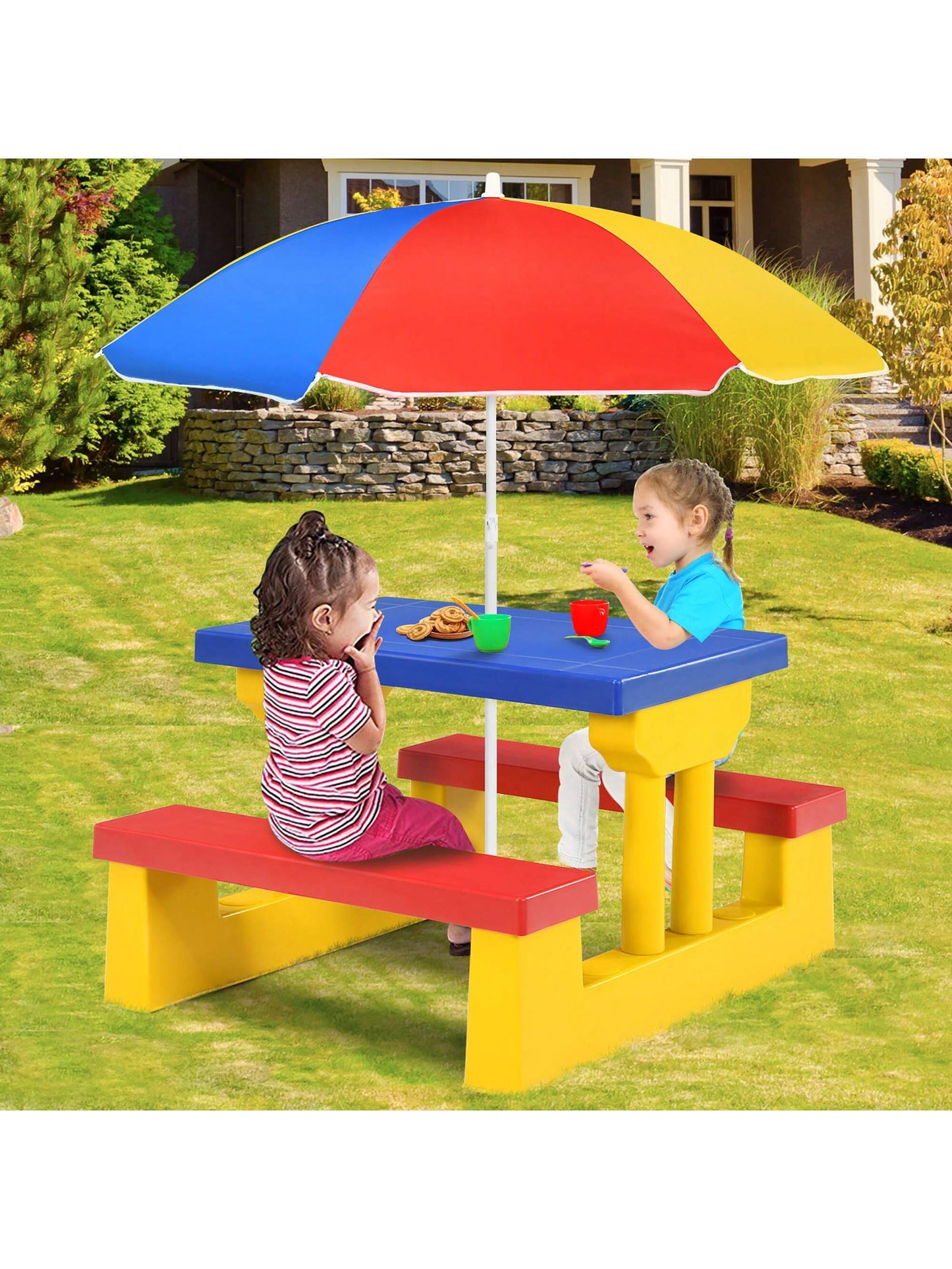 Kids Picnic Table Set With Removable Umbrella Indoor Outdoor Garden Patio Multicolor/Green
