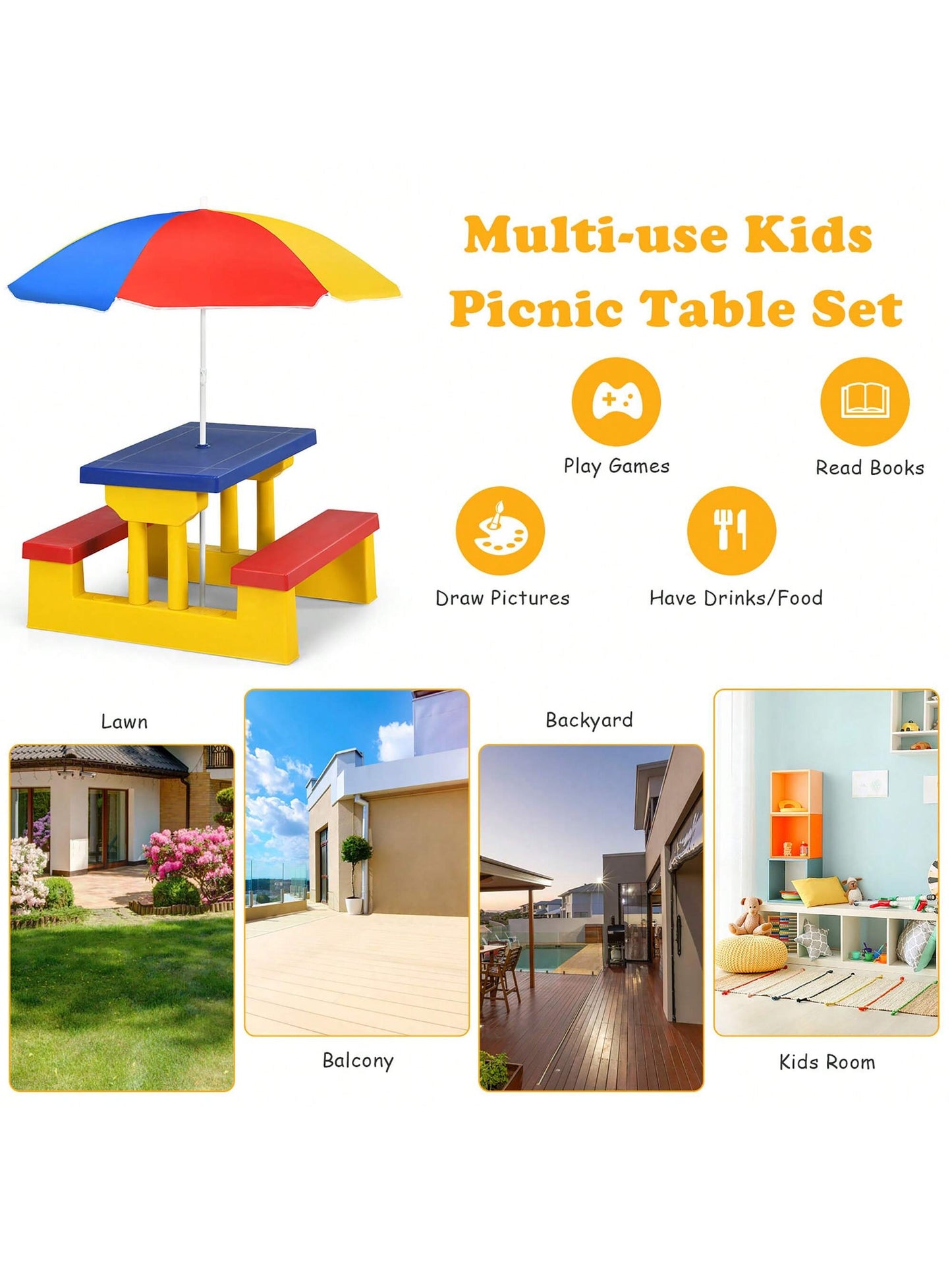 Kids Picnic Table Set With Removable Umbrella Indoor Outdoor Garden Patio Multicolor/Green